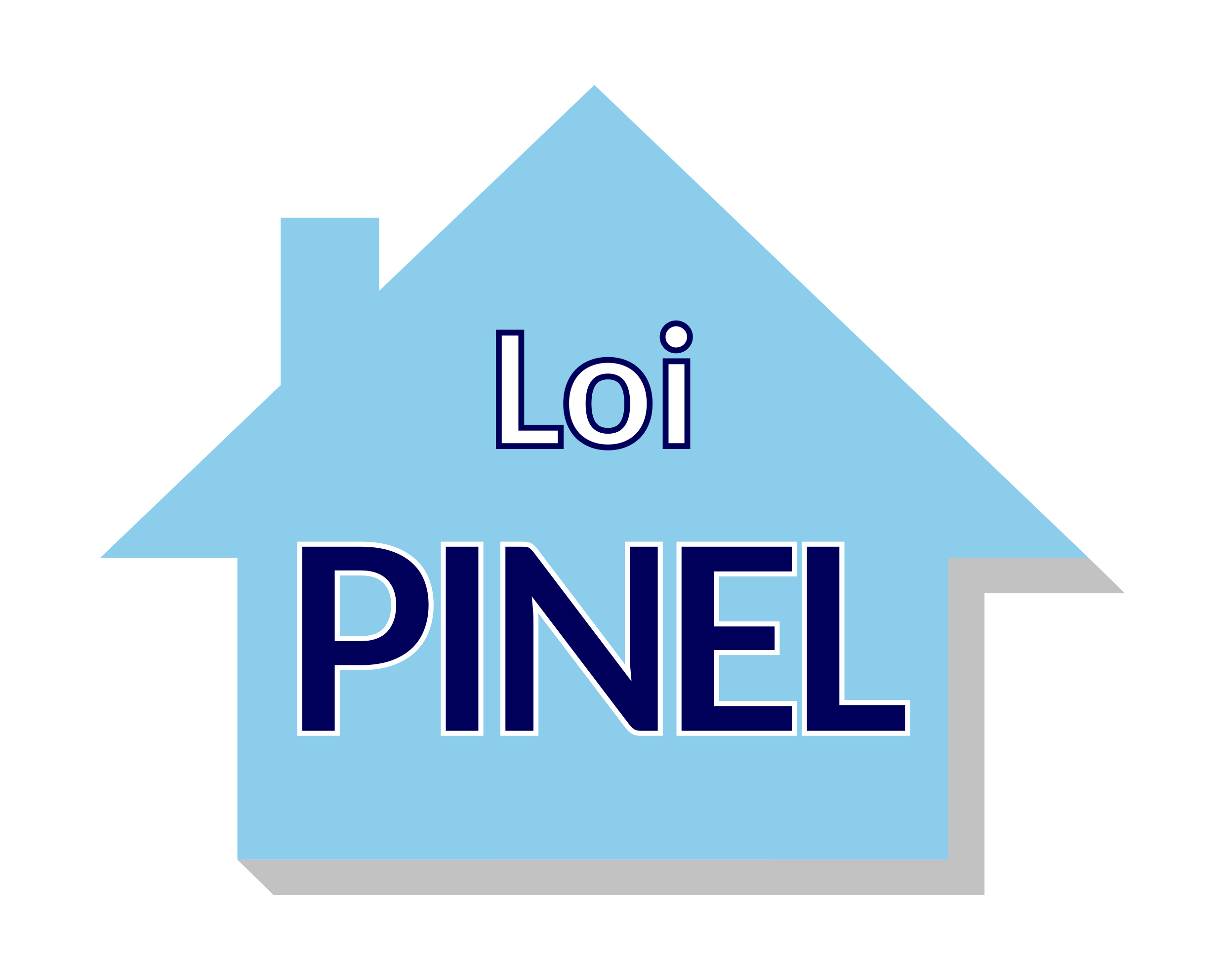 Illustration d'une maison bleue ciel sur laquelle est affiché Loi PINEL