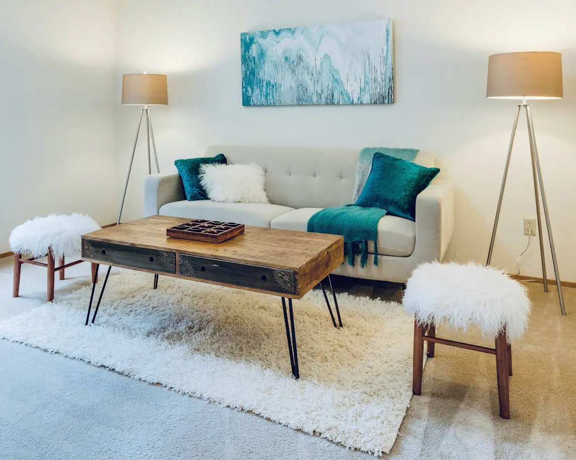 Un salon élégant, mis en valeur par un home staging réussi : canapé moderne, coussins colorés et table en bois rustique.